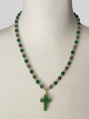 Green Aventurine Beaded Cross Pendant Necklace Gold Tone